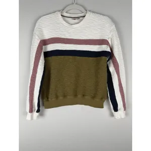 Faherty Vista Olive Cream Striped Pullover French‎ Terry Sweatshirt Womens Small thumbnail 4