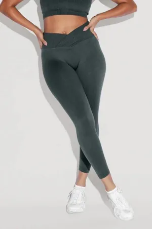 Popflex Dark Green Crossover Waist High Rise Leggings‎ thumbnail 1