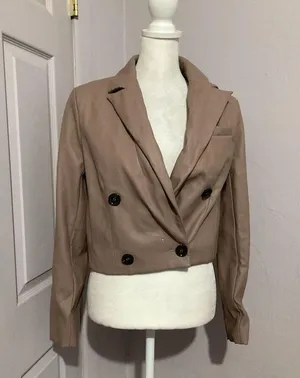 Maeve Tan Cropped Faux Leather Vegan Button Front Blazer Size 2 thumbnail 2