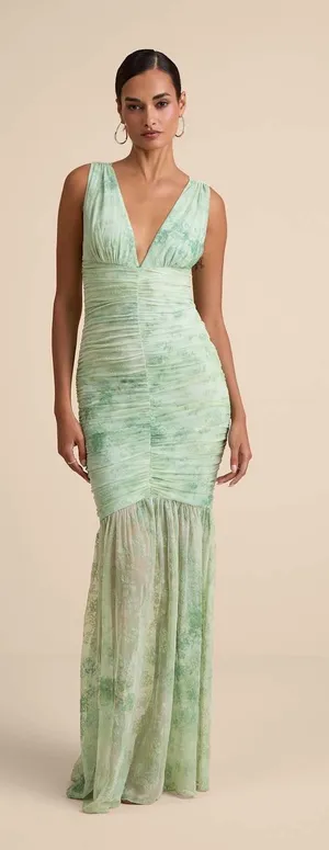 NWT Lulus Jamie Mint Green Floral Mesh Sheer Hem Maxi Dress Gala Banquet Sz L thumbnail 1