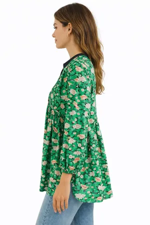 Old Navy Green Floral Boho Blouse Small Peasant Tunic Top Rayon thumbnail 3