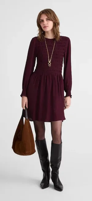 Madewell Long-Sleeve Smocked Mini Dress Dark Pomegranate Crepe Medium NWT thumbnail 1