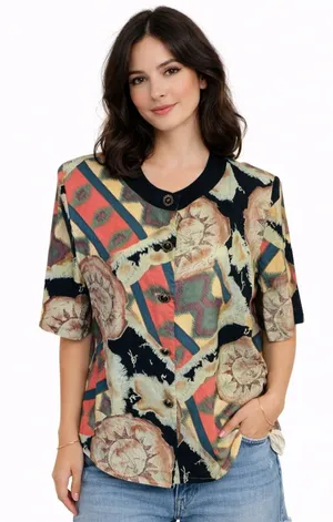 Vintage 90s IN GROUP LTD Large Abstract Print Rayon Top Button Front Retro thumbnail 1