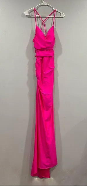 29020 Strappy Back Bodycon Maxi Gown Dress Neon Pink Size 6 thumbnail 2