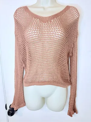 Happily Grey Open Knit Sweater Dusty Rose Mesh Crochet Size L Long Sleeve thumbnail 2