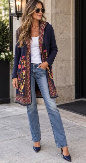 Lucky Brand Lucky Lotus Navy Embroidered Hooded Longline Jacket thumbnail 1