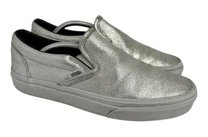 Vans Unisex size 7.5 Womens 6 Mens Metallic Silver Slip On Skate Sneaker Shoe thumbnail 1
