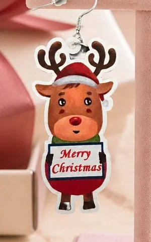 Handmade Christmas Holiday Reindeer Dangle Wood Earrings NWT thumbnail 1