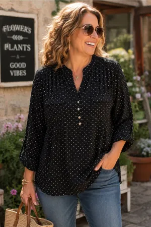 Black Polka Dot Blouse ~ Button-Front 3/4 cap sleeves ~ Classic Business Casual thumbnail 1