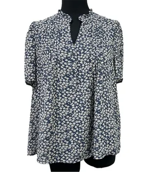 Ruffled Collar V-neck Pleated Button Up Floral Print Lightweight Navy Blue White thumbnail 1