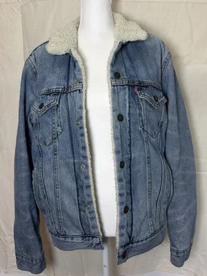 Levi's Sherpa Lined Blue denim Trucker Jacket Button Snap Closure S thumbnail 1