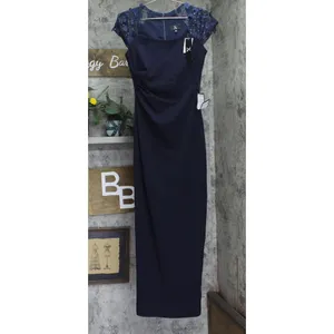 NWT X by Xscape Womens Floral Applique Cap-Sleeve Gown Navy Blue 6 thumbnail 3