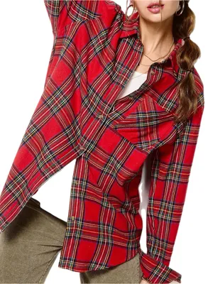 La Miel Plaid Oversized Shirt Red Button Front Long Sleeve Womens Small New thumbnail 3