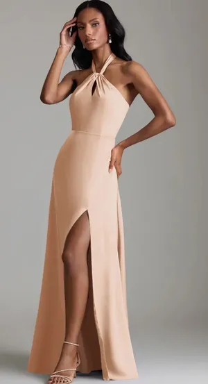 Azazie Tracie Maxi Dress English Rose A-Line Side Slit Stretch Satin Dress Sz 16 thumbnail 1