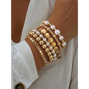 Gold & Pearl Beaded Multi Layer Elastic Bracelets 6 pcs thumbnail 2