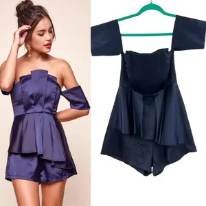 Selfie Leslie Aly Off the Shoulder Satin‎ Romper Navy Blue Size Small thumbnail 2