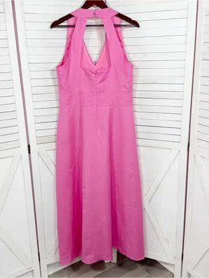 Jessica Howard Linen Blend Pleat Waist‎ Open Back Halter Maxi Dress Pink 14 thumbnail 9