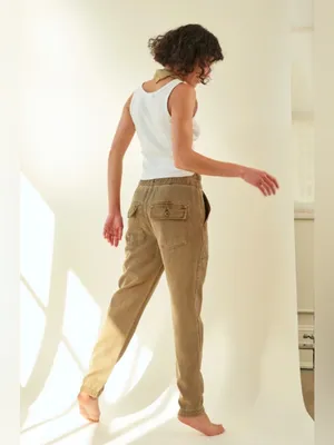 AMO Drapey Army Pant Linen Cotton Khaki Paperbag Waist Utility Pants Sz 26 thumbnail 4