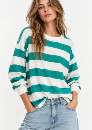 J.Crew Womens Vintage Fleece Stripe Sweatshirt Small Green White Oversized Coast thumbnail 1