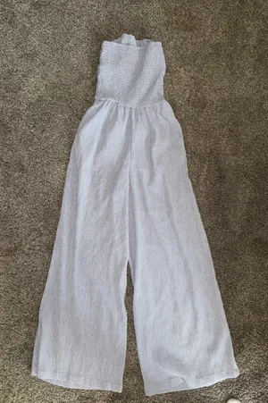 CIDER Drape Neck Smocked Strapless Wide Leg Jumpsuit thumbnail 3