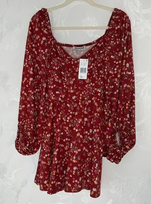 Stilletto's Size-L Dress Burgundy Mini Floral‎ Ballon Sleeves Pockets thumbnail 1