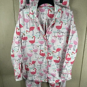 The Company Store Pajama Set Women Medium Pink Poplin Flamingo Long Sleeve Pants thumbnail 2
