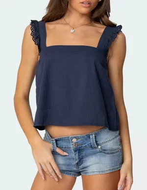 Edikted Navy Square Neck Lace-Trim Crop Cami Top thumbnail 1