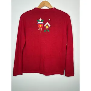 Vintage White Stag Christmas Cardigan Sweater Small‎ Red Holiday Snowman Tree thumbnail 6