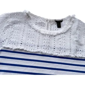 J.Crew Womens XS Mixed Media Eyelet Lace Striped Short Sleeve Top Blue White thumbnail 8