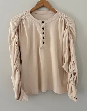 Free People Flow State Henley Top FP Movement XS Beige Ruched Sleeve Ribbed Knit thumbnail 1
