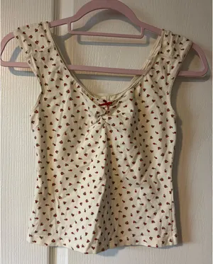 RARE Brandy Melville White Red Floral Top with ruched bust and lace trim thumbnail 1