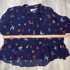 Maeve Anthropologie Navy Butterfly Print Peplum Button Down Top Large thumbnail 6