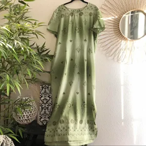 VTG vintage long maxi green stunning a-line tie back dress short sleeve beading details thumbnail 3