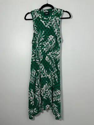 Maeve Anthropologie Womens Medium Caye Swing Dress Green Tropical Palm Polka Dot thumbnail 2