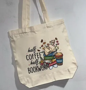 Canvas book tote reusable bookworm coffee addict NEW handmade gift thumbnail 1