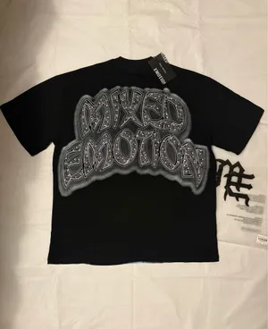 Mixed Emotion black graphic tee with rhinestones featuring three children with wings and guitars, size M thumbnail 3