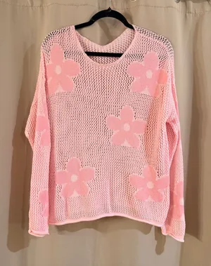 Source Unknown Women’s Pink Floral Open-Knit Sweater thumbnail 1