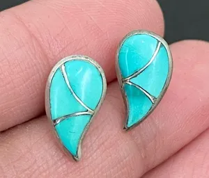 Sterling Silver Vintage STR.SII Turquoise Inlay Comma Teardrop Post Earrings thumbnail 5