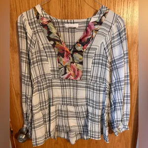 By Anthropologie Darlene Peasant Blouse Top Medium Plaid Floral Gauzy Medium thumbnail 2