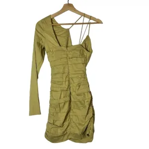 Zara Olive Green Draped One Shoulder Linen Mini Dress‎ XS thumbnail 3