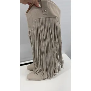 Fringe Western Tall Boots Square Toe Block Heel Beige Faux Suede Boho Stone 7,5 thumbnail 5