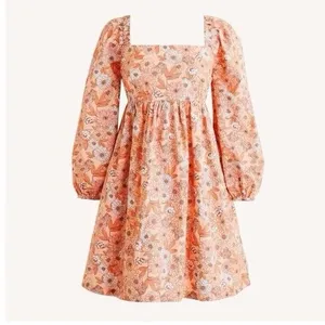 J.CREW Floral Square Neck Puff Long Sleeve Smocked Mini Dress 100% Cotton L thumbnail 14