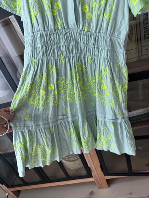 Anthropologie The Somerset Mini Dress Embroidered Linen short sleeve splice mint thumbnail 7
