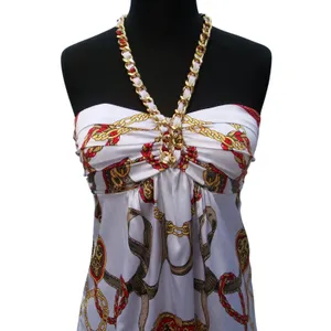 Cache Silk White Scarf Print Gold Chain Halter Top New Built In Bra $118 NWT XS thumbnail 3