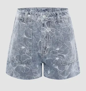 Cider Happy Hour Lotus Print Denim Mini Shorts High Rise Raw Hem Blue Size XL thumbnail 1