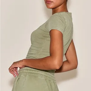 NEW!! PrettyLittleThing Washed Olive Green Embroidered Logo Fitted‎ Cropped Tee thumbnail 6