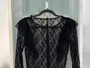 NWT SHEIN Sz S Sheer Black Lace Top w Ruffle Accents Cute! thumbnail 8
