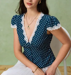 Rihoas Blue Polka Dot Lace Trim Blouse thumbnail 1