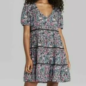 Wild Fable Floral Print Short Sleeve Tiered‎ Babydoll Flowy Mini Dress Siize XS thumbnail 3