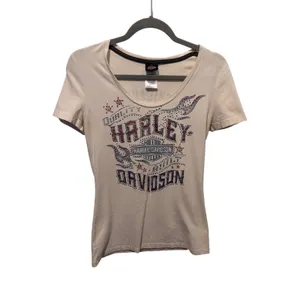 Harley Davidson Chicago IL T-Shirt Small Cream Graphic Tee Rhinestone Flame thumbnail 2